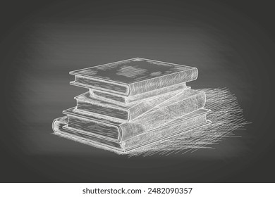 Books stack - chalk drawing on the blackboard. Hand drawn sketch in vintage engraving style of books pile. Design element for school and education, symbol of knowledge. Vector illustration.