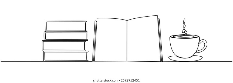 Books stack with cup of coffee continuous one line art drawing. Wisdom concept. Vector illustration isolated on white.