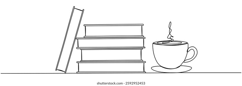 Books stack with cup of coffee continuous one line art drawing. Wisdom concept. Vector illustration isolated on white.