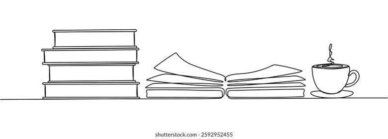 Books stack with cup of coffee continuous one line art drawing. Wisdom concept. Vector illustration isolated on white.