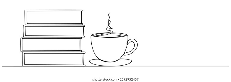 Books stack with cup of coffee continuous one line art drawing. Wisdom concept. Vector illustration isolated on white.