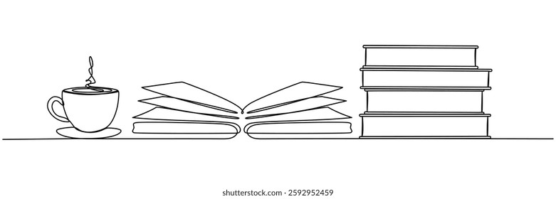 Books stack with cup of coffee continuous one line art drawing. Wisdom concept. Vector illustration isolated on white.