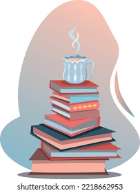 Books in stack with cup of hot drink on top