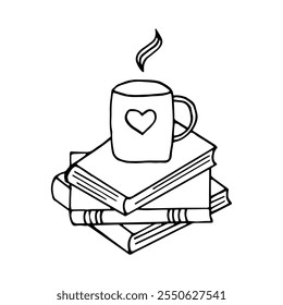 Pila de libros y taza de bebida caliente dibujada a mano en estilo doodle. Vector, minimalismo, monocromo. Lectura de aprendizaje de Biblioteca