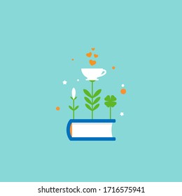 Books stack with flowers, sprouts and cup isolated on blue background. Vector flat illustration. Magic fairytale reading logo. Imagination and inspiration. Fantasy. knowledge day. Back to school