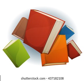 Books Stack Flying/
Illustration of a set of cartoon stack of books flying, with red, green, blue, brown and yellow covers, isolated on white background, for bookstore or library blog showcase