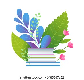 Books stack and foliage flat vector illustration. Forest leafage and blooming flowers. Blue rowan, cherry and oak leaves. Beautiful blossom with literature. School education, knowledge concept