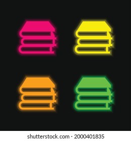 Books Stack four color glowing neon vector icon