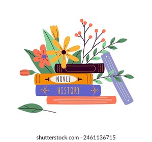 Books stack with fresh flower sand leaves 2D cartoon objects. Home library with spring bouquet isolated line vector elements white background