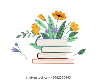 Pila de libros con hojas de arena de flores frescas 2D objetos de dibujos animados. Biblioteca casera con el ramo de primavera aislado línea Elementos de Vector fondo blanco