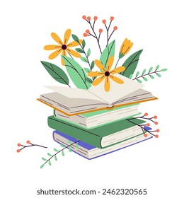 Books stack with fresh flower sand leaves 2D cartoon objects. Home library with spring bouquet isolated line vector elements white background