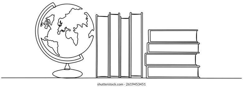 Books stack with globe continuous line drawing. Linear world map symbol. Education concept. Vector illustration isolated on white.