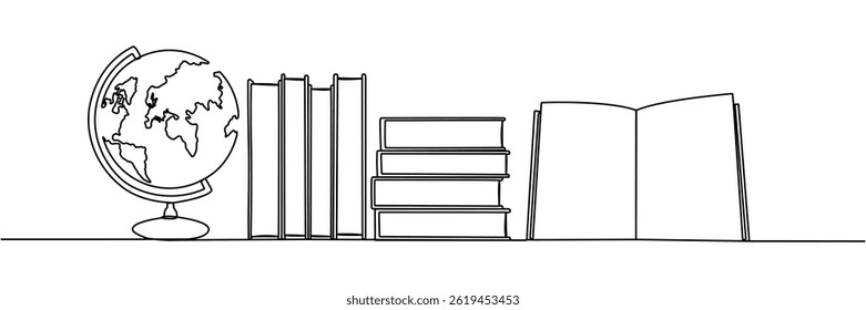Books stack with globe continuous line drawing. Linear world map symbol. Education concept. Vector illustration isolated on white.