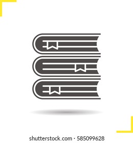 Books stack glyph icon. Drop shadow library silhouette symbol. School textbooks with bookmarks. Negative space. Vector isolated illustration
