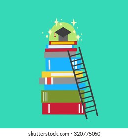 Books stack with graduate cap on top and ladder over heap of books. Steps to knowledge in university and college classes. Education vector flat illustration.