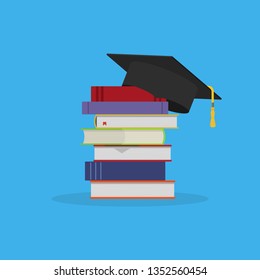 Books stack with graduation hat. Education and knowledge concept. Back to school. Vector illustration