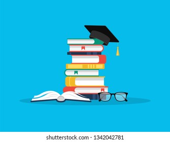 Books stack with graduation hat and glasses. Knowledge and education concept. Vector