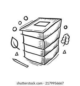 Los libros se apilan con hojas y doodle de lápiz ilustraciones vectoriales de otoño. Sencillo dibujo a mano estudiando el borrador. Diseño de caída de lectura de contorno de línea