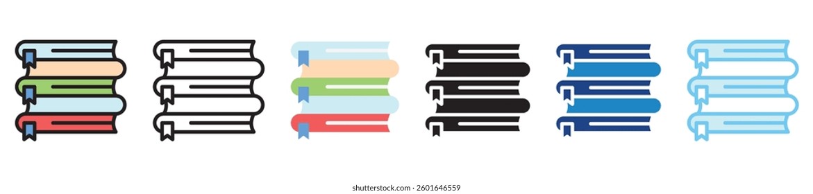 Books Stack multi style, mini illustration icon set. outline, flat, glyph, line color, UI, UX, app and web, digital or print. vector EPS 10 related to education, kindergarten, kids and baby.