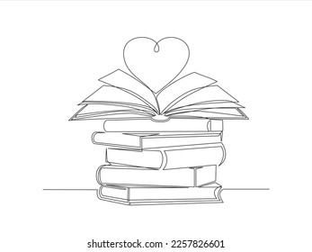 Books stack, Open book and heart, continuous line vector illustration. one line vector drawing of a book and a heart, concept of love of reading. Black and white hand drawn image.