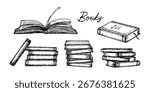 Books stack, open book - sketch outline illustration set. Pile of books, book with a tassel - drawing in engraving style. Hand-drawn vector line art clipart
