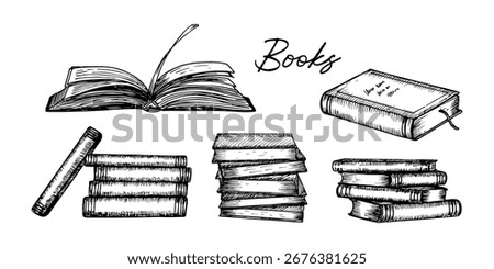 Books stack, open book - sketch outline illustration set. Pile of books, book with a tassel - drawing in engraving style. Hand-drawn vector line art clipart