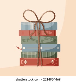 Books Stack.  Pile Of Beautiful Books Cover.  Classic Books Stacked And Tied Together With A Rope. Twine. Warm Colours. Vector Illustration.