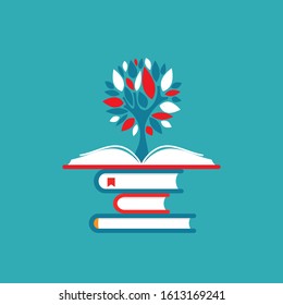 books stack, red open book and tree.  Flat icon isolated on powder blue background. Reading icon. Vector illustration. nspiration pictogram. Power of knowledge and education sign.
