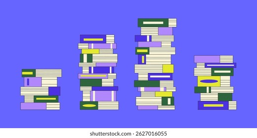 Books Stack Set, Colorful Piles of Books, Dictionaries. Perfect for School, Reading, Learning, Education, Library, Study Materials, Academic Concepts. Flat Vector Illustration on Isolated Background