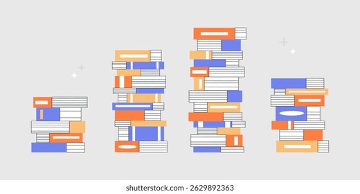 Books Stack Set, Colorful Piles of Books, Dictionaries. Perfect for Education, Library, School, Reading, Learning, Study Materials and Academic Concepts. Flat Vector Illustration, Isolated Background