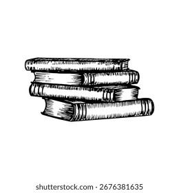Books stack sketch outline illustration. Pile of books drawing in engraving style. Hand-drawn vector line art clipart