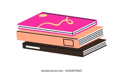 Books stack. Textbook pile, novels. Modern paper literature for education study, reading, knowledge. Fiction and academic textbooks lying. Flat vector illustration isolated on white background