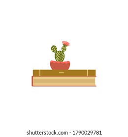 The books are stacked like a cactus in a pot . Flat interior design, vector illustration. A design template for a library, bookstore, or second-hand bookstore