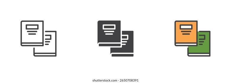 Books stacked one over another icon pack. Includes outline, solid and filled colorful styles. Vector book icon, educational symbol and learning logo.