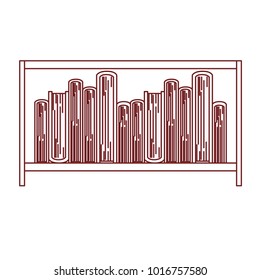 books stacked in shelf in thin dark red contour