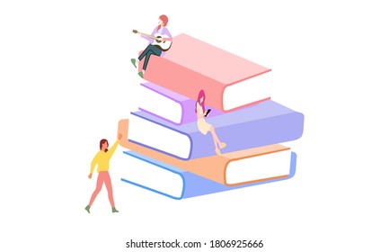 Books are stacked in a stack and people sit on them, a vector graphics