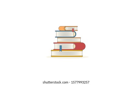 Books stacked vector illustration. Flat linear stack of five books with bookmarks. Education, reading, learning prosaic, school and university concept.