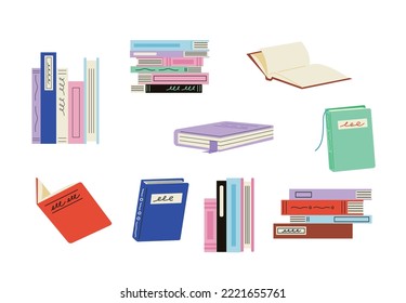 Books stacked vertically and horizontally. Book cover with writing. open books. flat vector illustration.