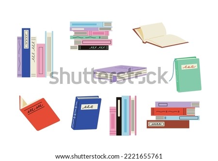 Books stacked vertically and horizontally. Book cover with writing. open books. flat vector illustration.