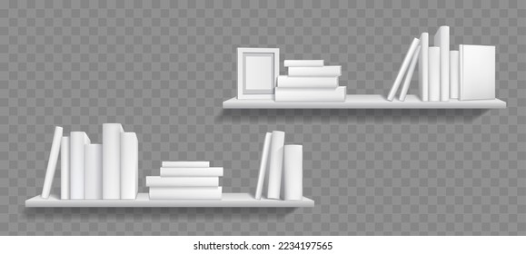 Books stacks on shelves for home interior. Bookshelves with paper literature in blank white covers in rows and piles and empty picture frame, vector realistic illustration