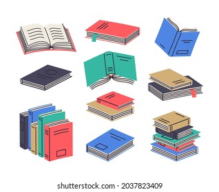 Books stacks and piles, reading, education textbooks. Cartoon books, dictionary, encyclopedias and classic literature books isolated vector symbols set