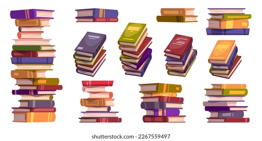 Books stacks and piles for study and read in library, school or bookstore. Education literature, dictionaries, stories in color covers, vector realistic illustration