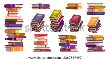 Books stacks and piles for study and read in library, school or bookstore. Education literature, dictionaries, stories in color covers, vector realistic illustration