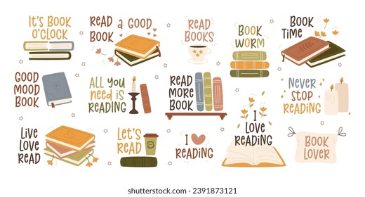 Books stacks for reading and motivation lettering stickers set vector illustration. Collection of inspirational handwritten quotes and literature on shelves and in pile heap with decorative element