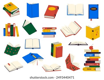 Pilas de libros para leer, pilas de libros de texto para la educación. Literatura, diccionarios y enciclopedias, planificadores con marcadores. La Ilustración vectorial de color aisló el concepto de educación y literatura.