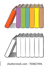 Books standing on the shelf. Stylized vector illustration, outline and colored version