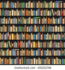 Books standing in a row on a dark background. Seamless background