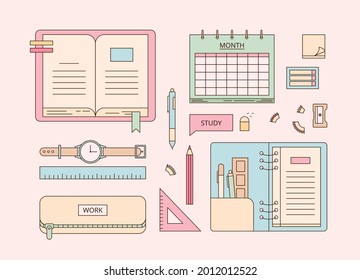 Books and stationery arranged in sorted order. outline simple vector illustration.