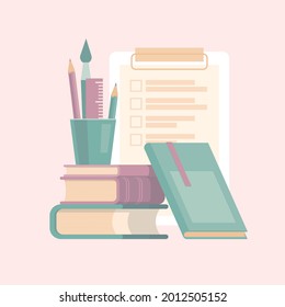 Books and stationery. Back to school. Set of items. Vector image. 