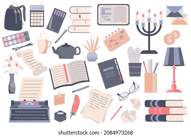 Books and stationery isolated elements set. Collection of papers, letter, calendar, lamp, typewriter, pen and other. Writers desktop items composition. Vector illustration in flat cartoon design